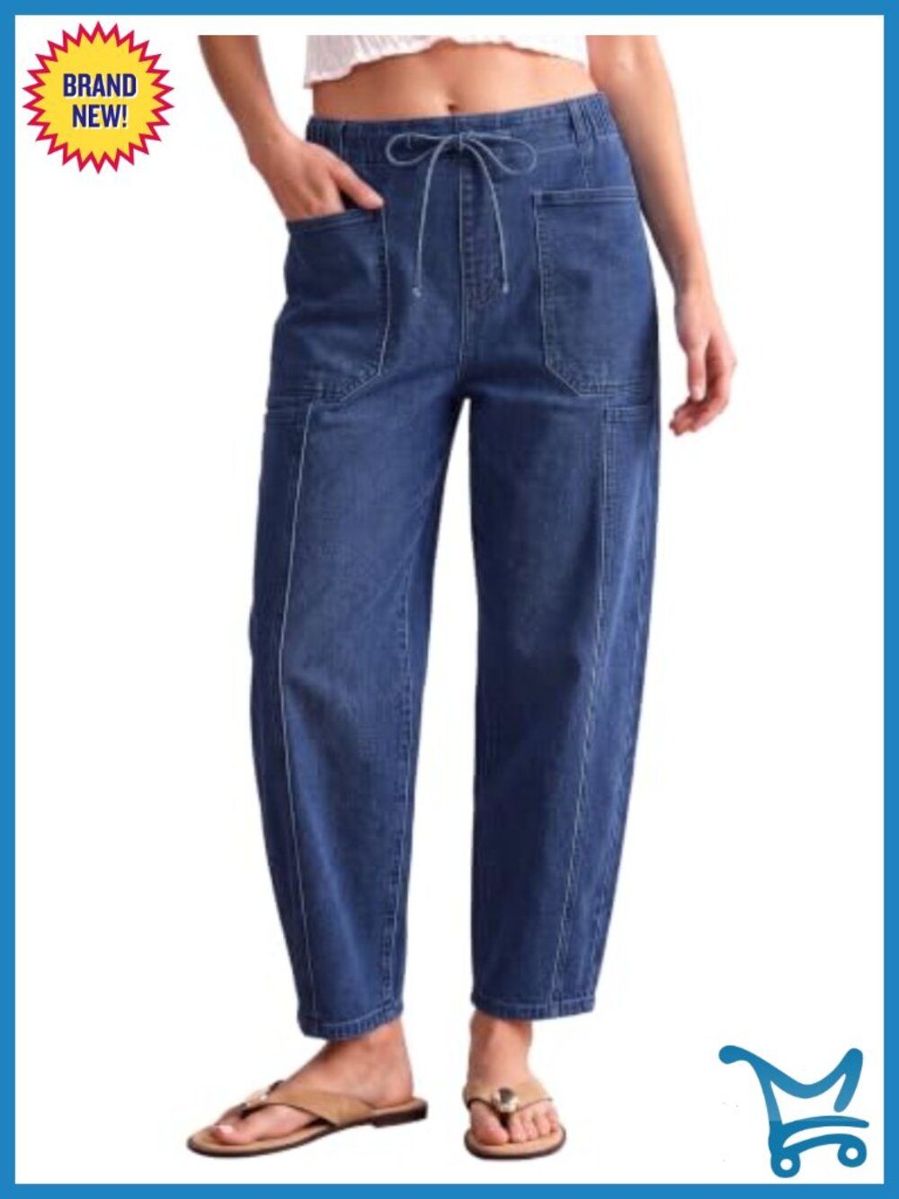 Barrel Jeans High Waisted Pull On Drawstring Elastic Waist Stretchy Baggy Pants